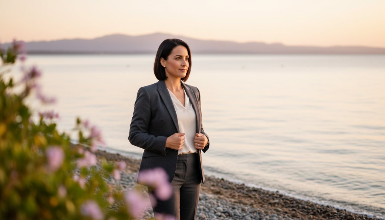 A confident professional, impeccably dressed, standing on the Rosebud foreshore with a vibrant sunrise behind, gazing thoughtfully towards the horizon, epitomizing Rosebud professional headshots for career growth. The golden light beautifully illuminates their face, creating a powerful, aspirational portrait.