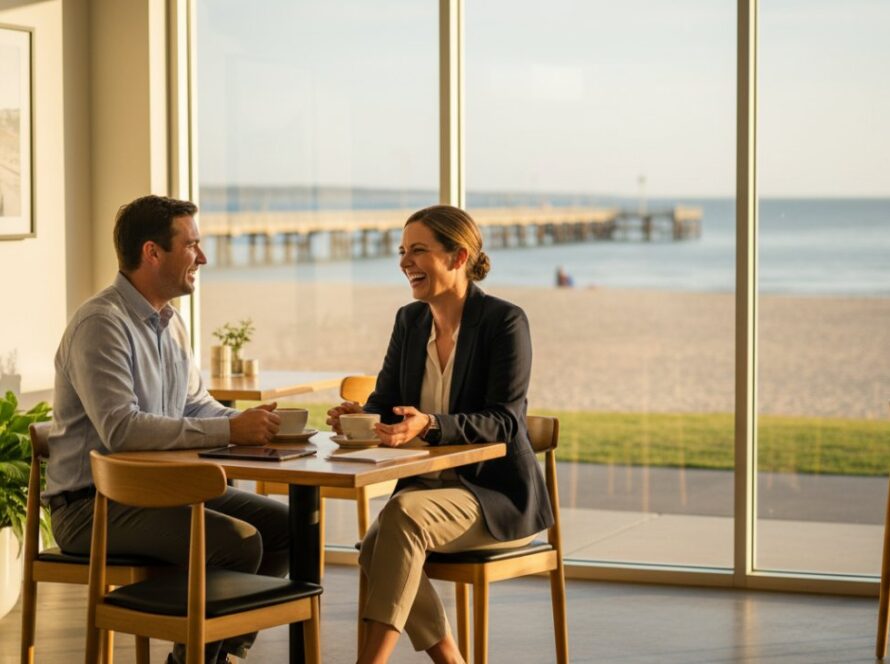 Dynamic wide-angle shot capturing a successful Rosebud Victoria business branding photography session, showing a professional interacting with a client in front of a modern cafe near the foreshore, late afternoon sun creating a warm glow, depicting an authentic, epic moment of connection and professional service.