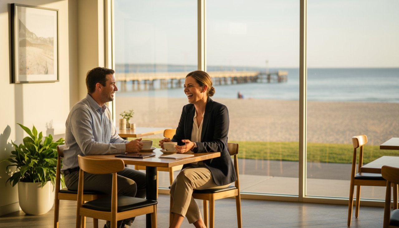 Dynamic wide-angle shot capturing a successful Rosebud Victoria business branding photography session, showing a professional interacting with a client in front of a modern cafe near the foreshore, late afternoon sun creating a warm glow, depicting an authentic, epic moment of connection and professional service.