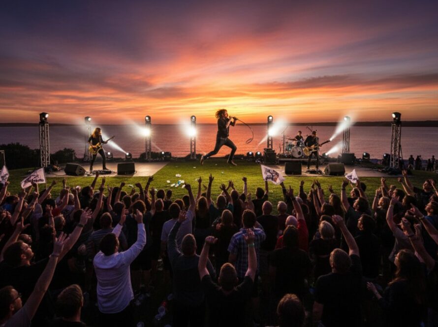 An electrifying wide-angle shot of a lead guitarist in full flight, bathed in dramatic stage lighting, performing at a vibrant Rosebud Victoria concert, captured with dynamic Rosebud Victoria concert photography.