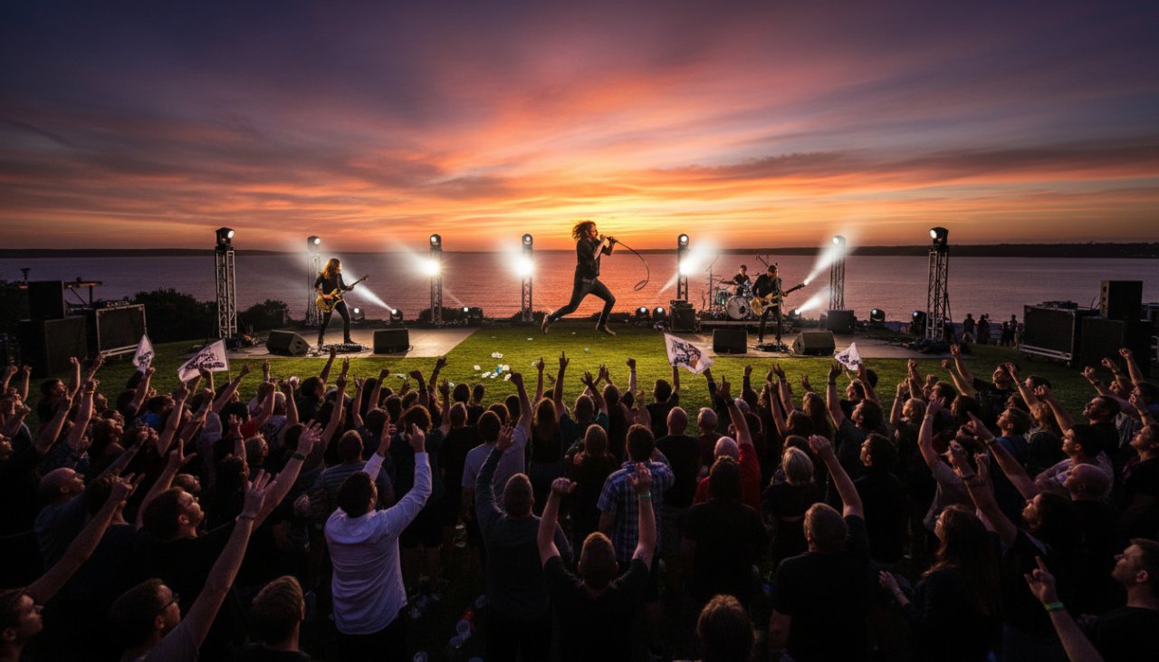 An electrifying wide-angle shot of a lead guitarist in full flight, bathed in dramatic stage lighting, performing at a vibrant Rosebud Victoria concert, captured with dynamic Rosebud Victoria concert photography.