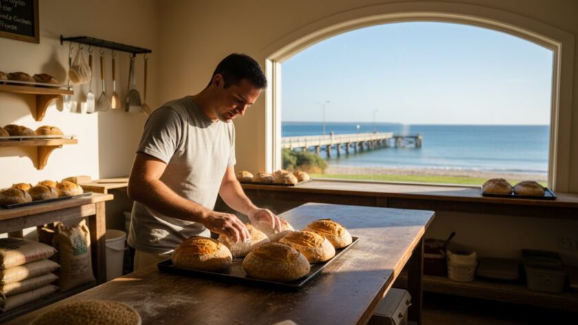 Dynamic wide shot capturing an inspiring Rosebud Victoria editorial photography session for local businesses, featuring a skilled photographer subtly capturing a local artisan at work in their coastal Rosebud studio, bathed in warm, natural light from a large window overlooking the serene foreshore, conveying authenticity and passion in an epic, cinematic style.