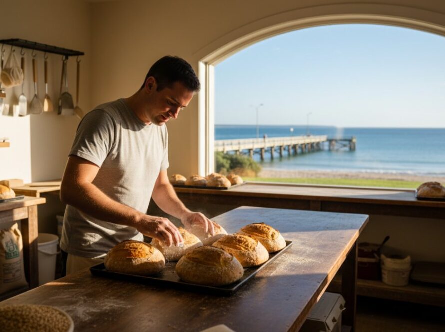 Dynamic wide shot capturing an inspiring Rosebud Victoria editorial photography session for local businesses, featuring a skilled photographer subtly capturing a local artisan at work in their coastal Rosebud studio, bathed in warm, natural light from a large window overlooking the serene foreshore, conveying authenticity and passion in an epic, cinematic style.