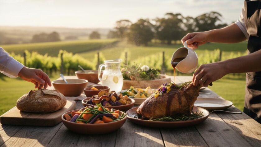 An aerial, sun-drenched close-up of a rustic wooden table laden with freshly harvested, vibrant seasonal produce from Launching, Victoria, including colourful heirloom tomatoes, artisan cheeses, and crusty sourdough bread, all beautifully styled for an exquisite 'Rustic Farm-to-Table Food Photography Launching Victoria' shot, with a soft, warm light filtering through surrounding eucalyptus trees.