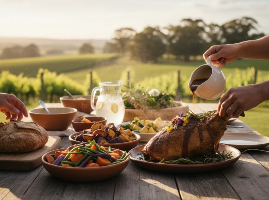 An aerial, sun-drenched close-up of a rustic wooden table laden with freshly harvested, vibrant seasonal produce from Launching, Victoria, including colourful heirloom tomatoes, artisan cheeses, and crusty sourdough bread, all beautifully styled for an exquisite 'Rustic Farm-to-Table Food Photography Launching Victoria' shot, with a soft, warm light filtering through surrounding eucalyptus trees.