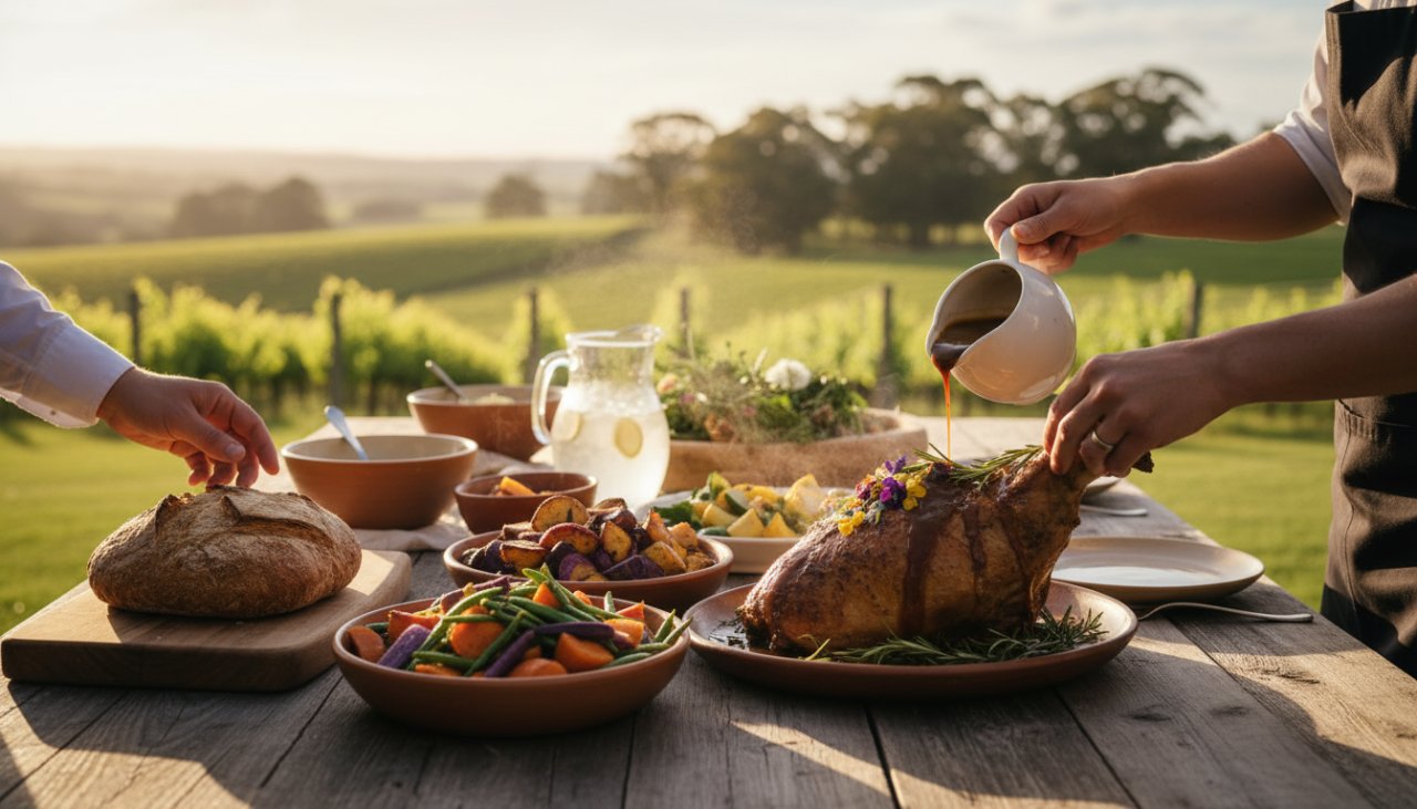 An aerial, sun-drenched close-up of a rustic wooden table laden with freshly harvested, vibrant seasonal produce from Launching, Victoria, including colourful heirloom tomatoes, artisan cheeses, and crusty sourdough bread, all beautifully styled for an exquisite 'Rustic Farm-to-Table Food Photography Launching Victoria' shot, with a soft, warm light filtering through surrounding eucalyptus trees.