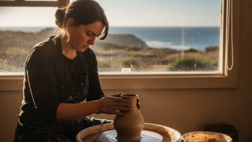 An epic moment of dynamic Rye editorial photography coastal stories, featuring a local artisan passionately crafting pottery with the rugged Rye coastline visible in the softly lit background, conveying authenticity and skill.