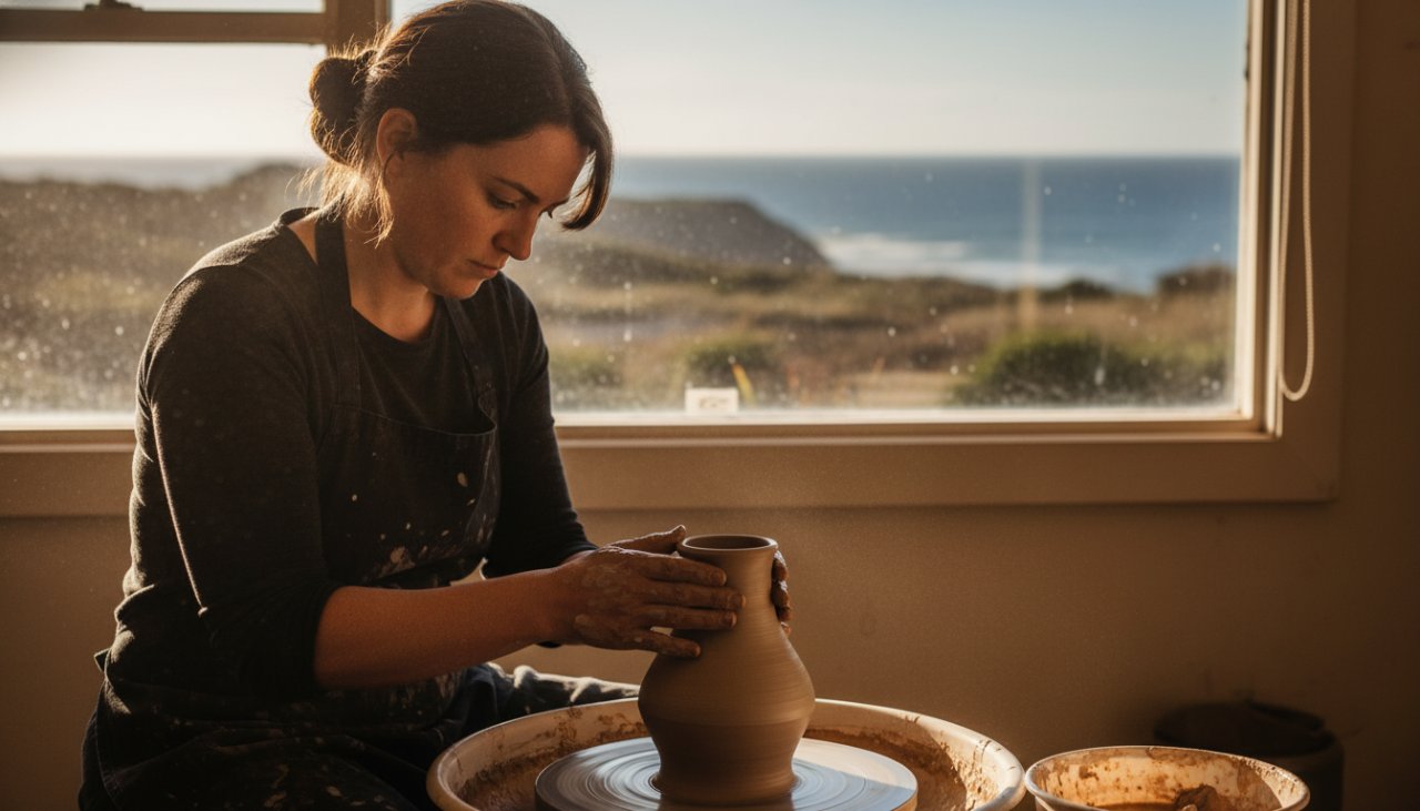 An epic moment of dynamic Rye editorial photography coastal stories, featuring a local artisan passionately crafting pottery with the rugged Rye coastline visible in the softly lit background, conveying authenticity and skill.
