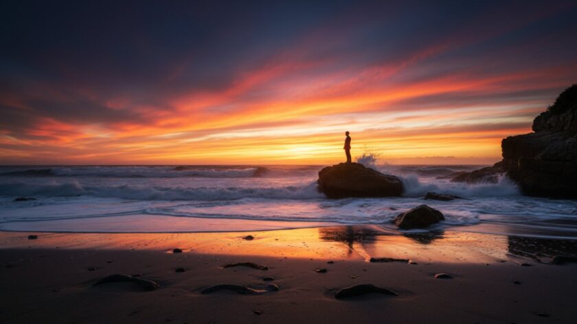 A breathtaking fine art photograph showcasing the serene coastline of Rye, Victoria, with a lone figure silhouetted against a dramatic sunset, capturing coastal serenity. The epic moment perfectly exemplifies Rye Victoria fine art photography.