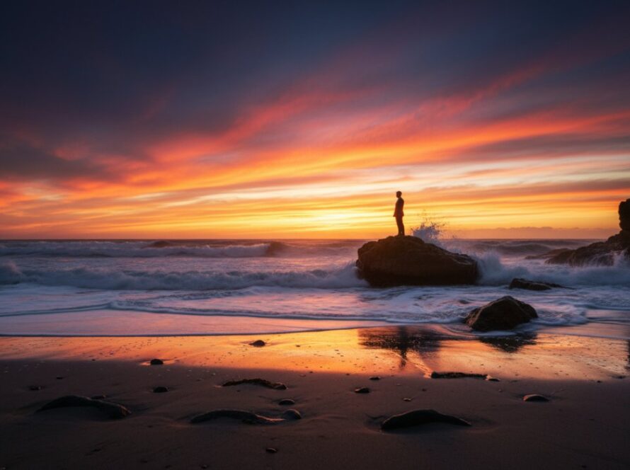 A breathtaking fine art photograph showcasing the serene coastline of Rye, Victoria, with a lone figure silhouetted against a dramatic sunset, capturing coastal serenity. The epic moment perfectly exemplifies Rye Victoria fine art photography.