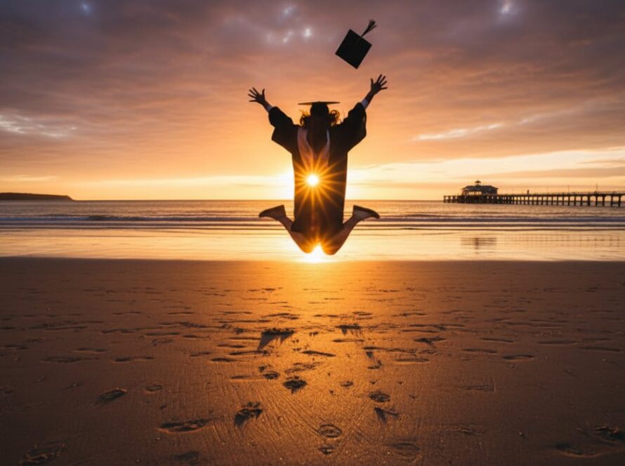 An epic moment of a smiling graduate, cap soaring, against the backdrop of a vibrant sunset over the Rye Victoria foreshore, celebrating their achievement with professional Rye Victoria graduation photography along the foreshore.