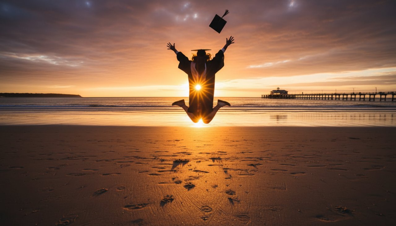 An epic moment of a smiling graduate, cap soaring, against the backdrop of a vibrant sunset over the Rye Victoria foreshore, celebrating their achievement with professional Rye Victoria graduation photography along the foreshore.