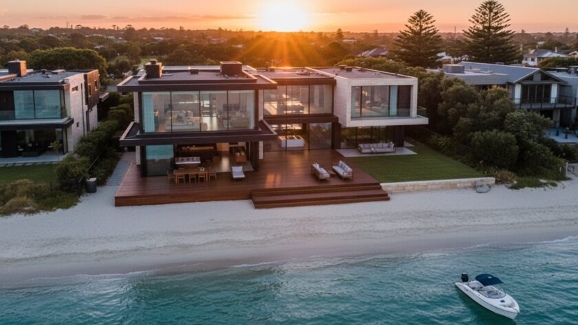 An aerial drone shot capturing a magnificent luxury beachfront property in Rye, Victoria, bathed in golden hour light, showcasing its expansive views of the sparkling Bass Strait and pristine sandy shores. This Rye Victoria luxury beachfront real estate photography image highlights the home's grandeur and its idyllic coastal setting.
