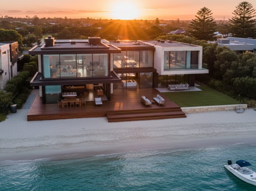 An aerial drone shot capturing a magnificent luxury beachfront property in Rye, Victoria, bathed in golden hour light, showcasing its expansive views of the sparkling Bass Strait and pristine sandy shores. This Rye Victoria luxury beachfront real estate photography image highlights the home's grandeur and its idyllic coastal setting.