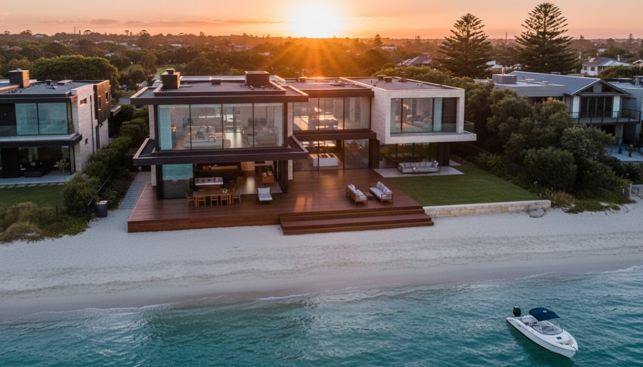 An aerial drone shot capturing a magnificent luxury beachfront property in Rye, Victoria, bathed in golden hour light, showcasing its expansive views of the sparkling Bass Strait and pristine sandy shores. This Rye Victoria luxury beachfront real estate photography image highlights the home's grandeur and its idyllic coastal setting.