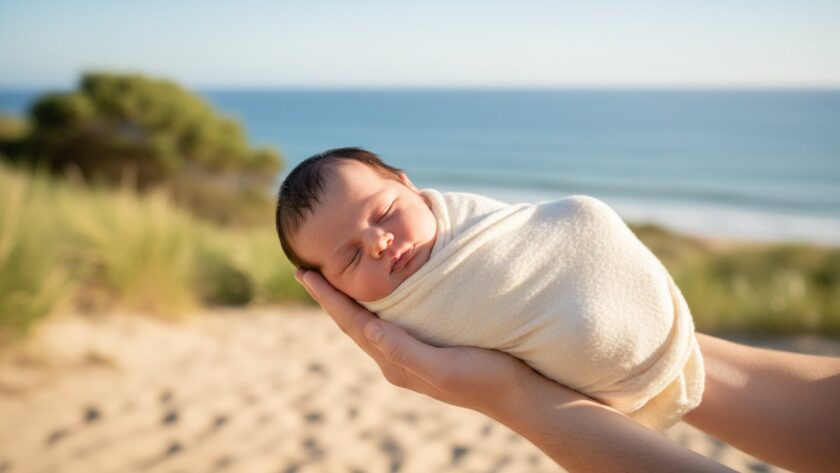 A heartwarming close-up shot of a sleeping newborn baby wrapped in a soft, cream blanket, with a blurred backdrop hinting at the serene coastal light of Rye, Victoria, perfectly embodying a Rye Victoria newborn photographer capturing coastal baby milestones.