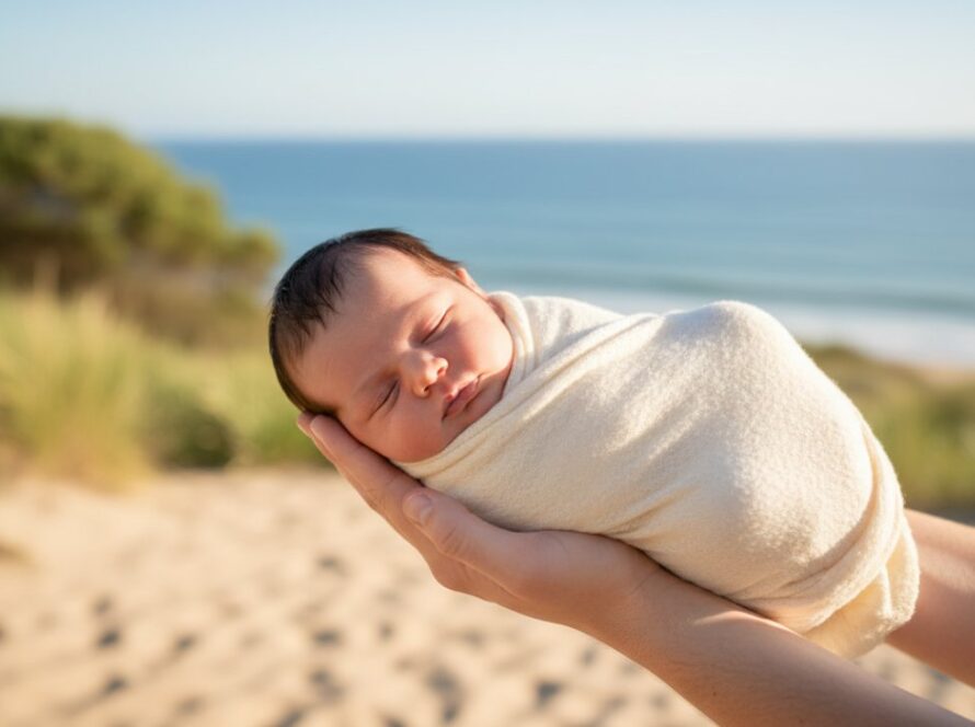 A heartwarming close-up shot of a sleeping newborn baby wrapped in a soft, cream blanket, with a blurred backdrop hinting at the serene coastal light of Rye, Victoria, perfectly embodying a Rye Victoria newborn photographer capturing coastal baby milestones.