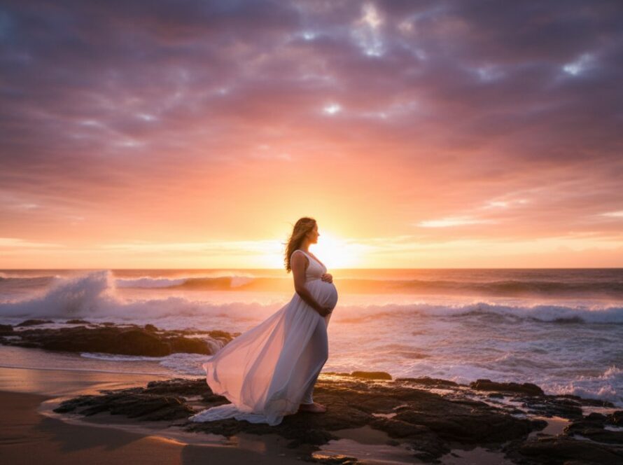 An expectant mother, bathed in the soft, golden light of sunset at Rye Beach, Victoria, during her Rye Victoria pregnancy glow photoshoot stunning beach backdrops. She cradles her baby bump against a dramatic ocean backdrop, waves gently lapping near her feet, capturing a serene and powerful moment.
