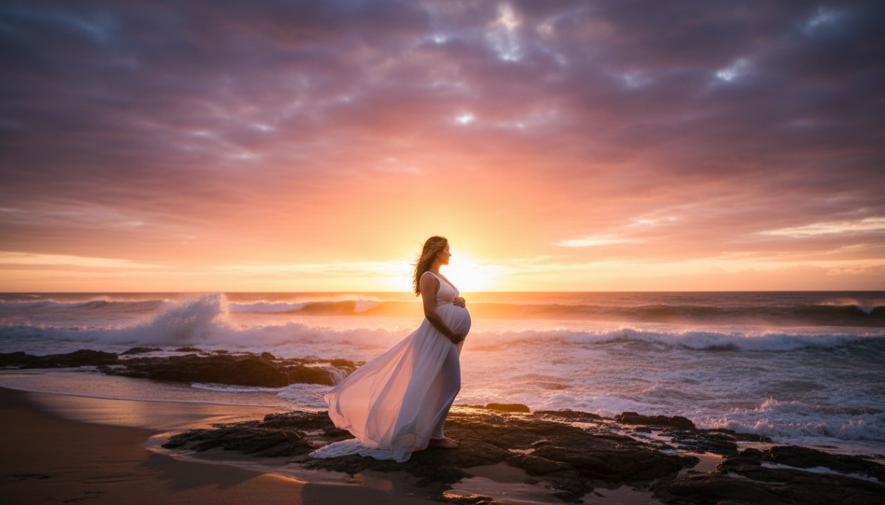 An expectant mother, bathed in the soft, golden light of sunset at Rye Beach, Victoria, during her Rye Victoria pregnancy glow photoshoot stunning beach backdrops. She cradles her baby bump against a dramatic ocean backdrop, waves gently lapping near her feet, capturing a serene and powerful moment.