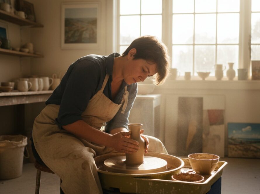 Dynamic wide-angle shot capturing a bustling artisan bakery in Rye, Victoria, with a local baker proudly presenting a freshly baked sourdough loaf, embodying the essence of Rye Victoria small business photography solutions.