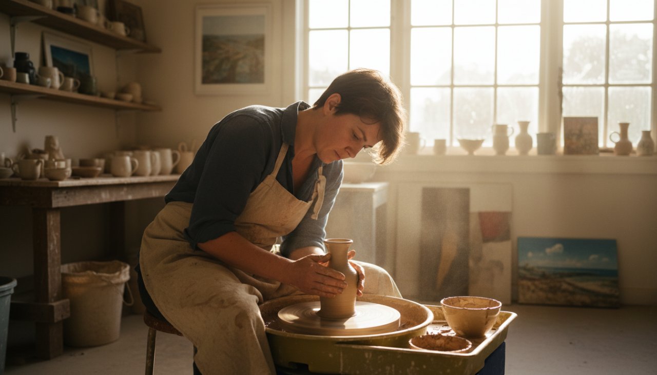 Dynamic wide-angle shot capturing a bustling artisan bakery in Rye, Victoria, with a local baker proudly presenting a freshly baked sourdough loaf, embodying the essence of Rye Victoria small business photography solutions.