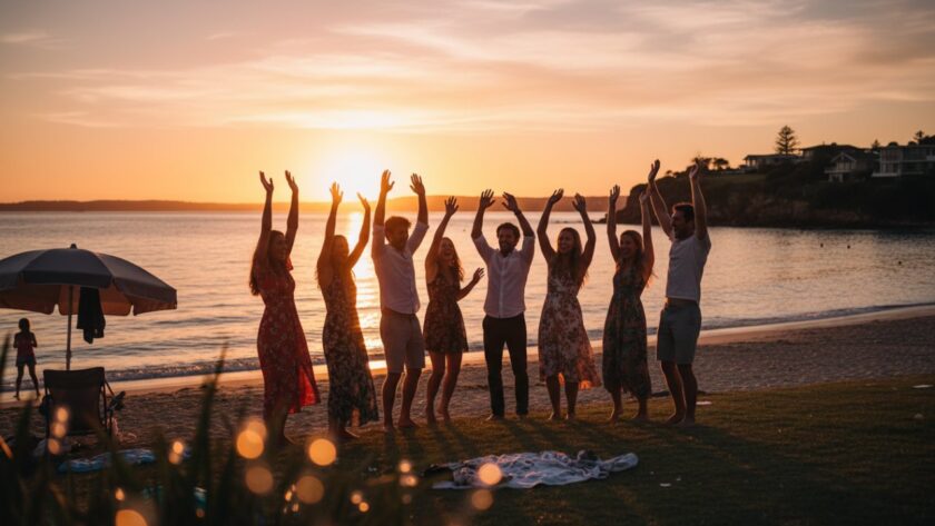 A vibrant, candid shot capturing an 'epic moment' of laughter and connection at a beachside party in Rye, Victoria, with colourful lights and blurred joyful faces, showcasing exceptional Rye Victoria vibrant party photography capture.