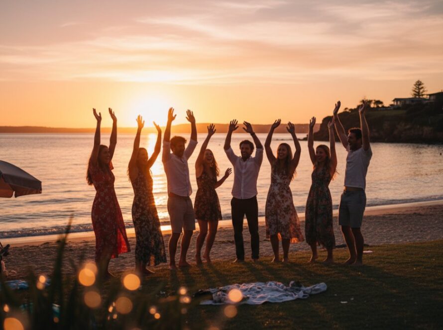 A vibrant, candid shot capturing an 'epic moment' of laughter and connection at a beachside party in Rye, Victoria, with colourful lights and blurred joyful faces, showcasing exceptional Rye Victoria vibrant party photography capture.