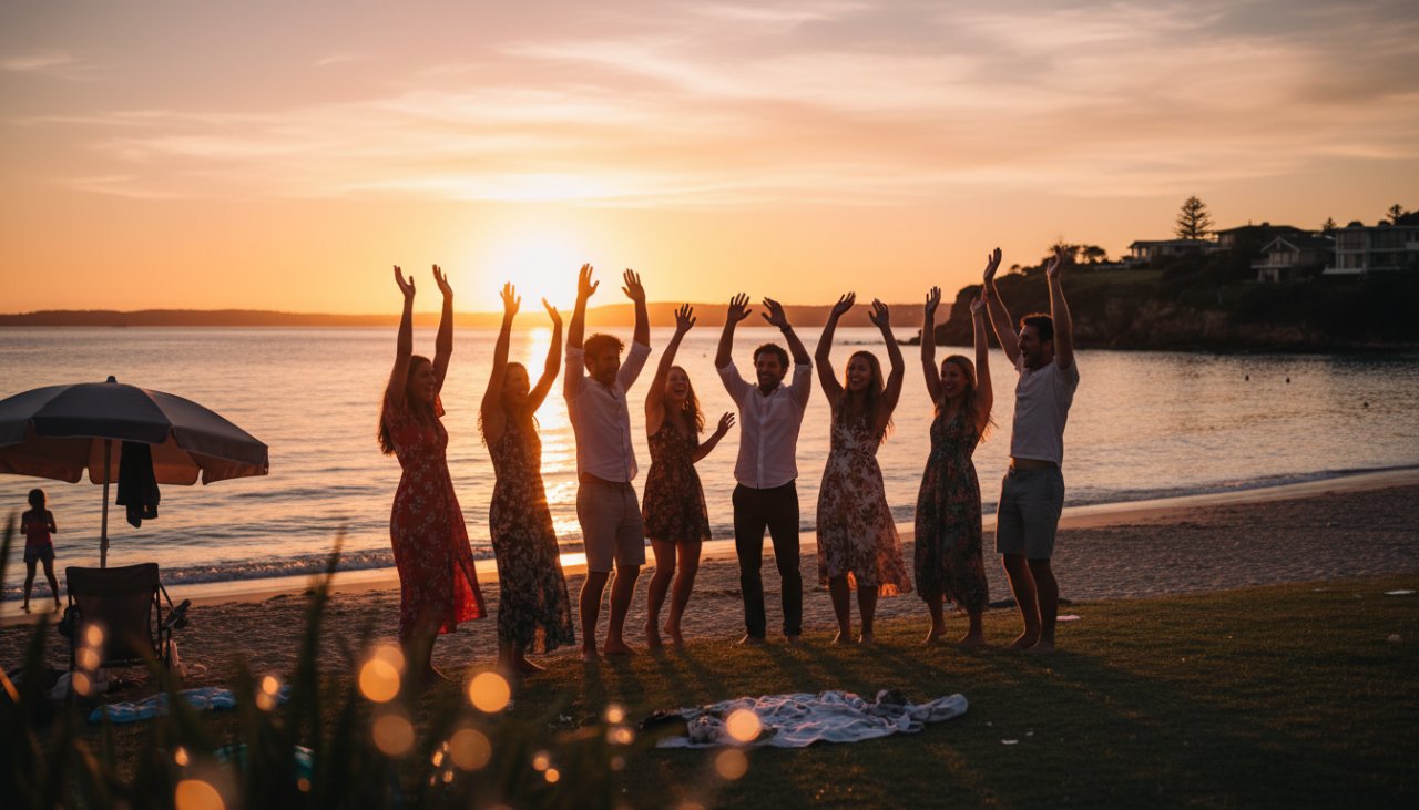 A vibrant, candid shot capturing an 'epic moment' of laughter and connection at a beachside party in Rye, Victoria, with colourful lights and blurred joyful faces, showcasing exceptional Rye Victoria vibrant party photography capture.