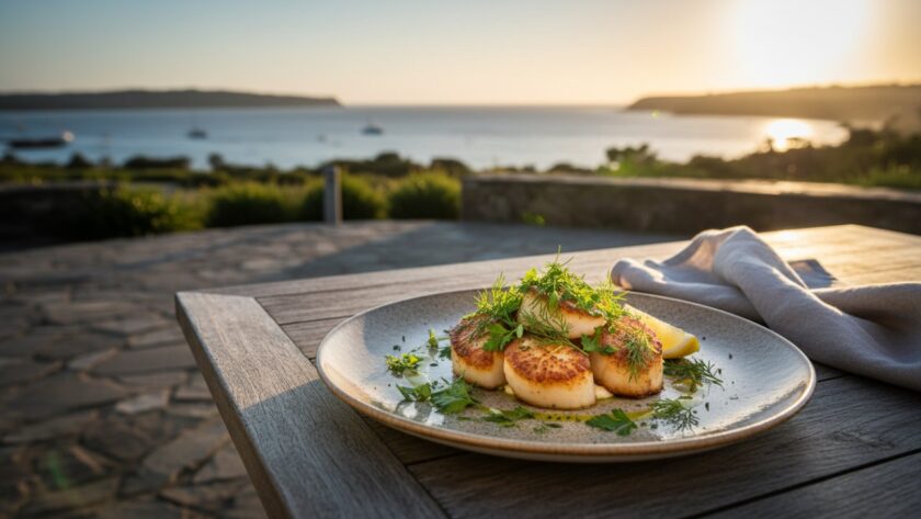 An epic moment captured in Safety Beach featuring vibrant, freshly prepared seafood paella served outdoors with a sparkling Dromana Bay backdrop, showcasing professional Safety Beach Culinary Photography for Local Eateries.