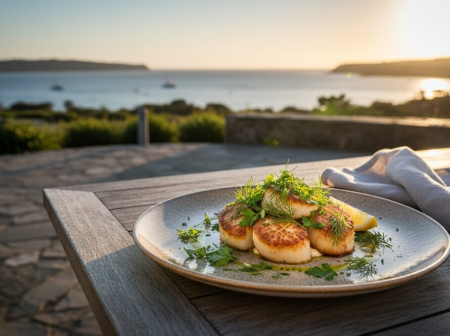 An epic moment captured in Safety Beach featuring vibrant, freshly prepared seafood paella served outdoors with a sparkling Dromana Bay backdrop, showcasing professional Safety Beach Culinary Photography for Local Eateries.