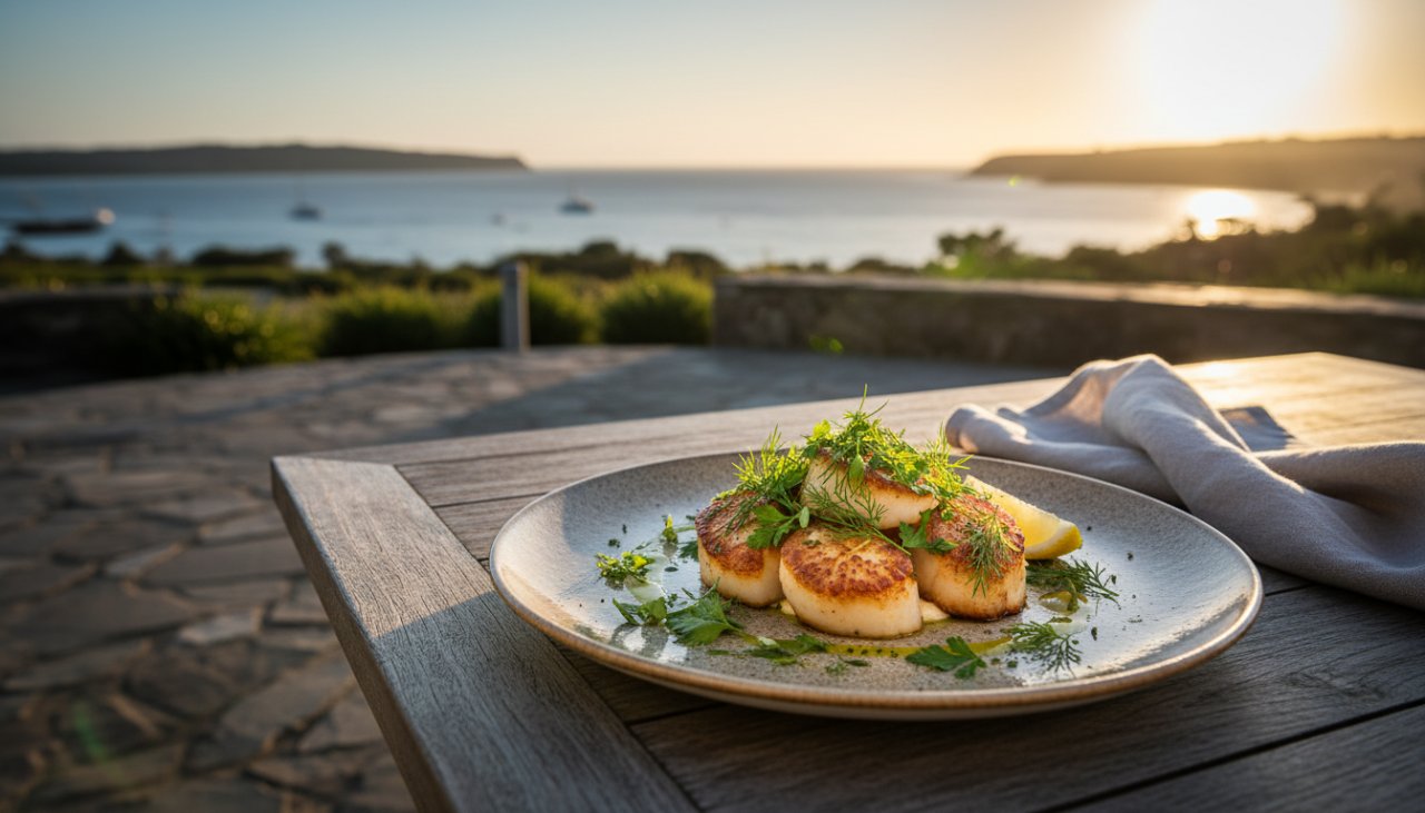 An epic moment captured in Safety Beach featuring vibrant, freshly prepared seafood paella served outdoors with a sparkling Dromana Bay backdrop, showcasing professional Safety Beach Culinary Photography for Local Eateries.