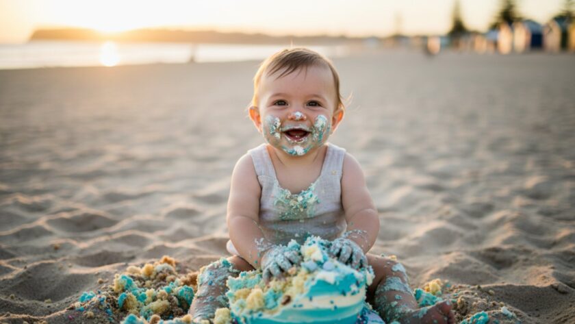 Safety Beach first birthday cake smash photography featuring a joyful baby, covered in frosting, laughing amidst scattered cake on a styled set near the pristine sands and colourful bathing boxes of Safety Beach, bathed in soft golden hour light.