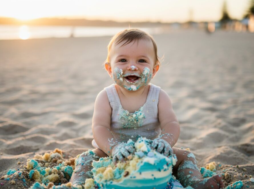 Safety Beach first birthday cake smash photography featuring a joyful baby, covered in frosting, laughing amidst scattered cake on a styled set near the pristine sands and colourful bathing boxes of Safety Beach, bathed in soft golden hour light.