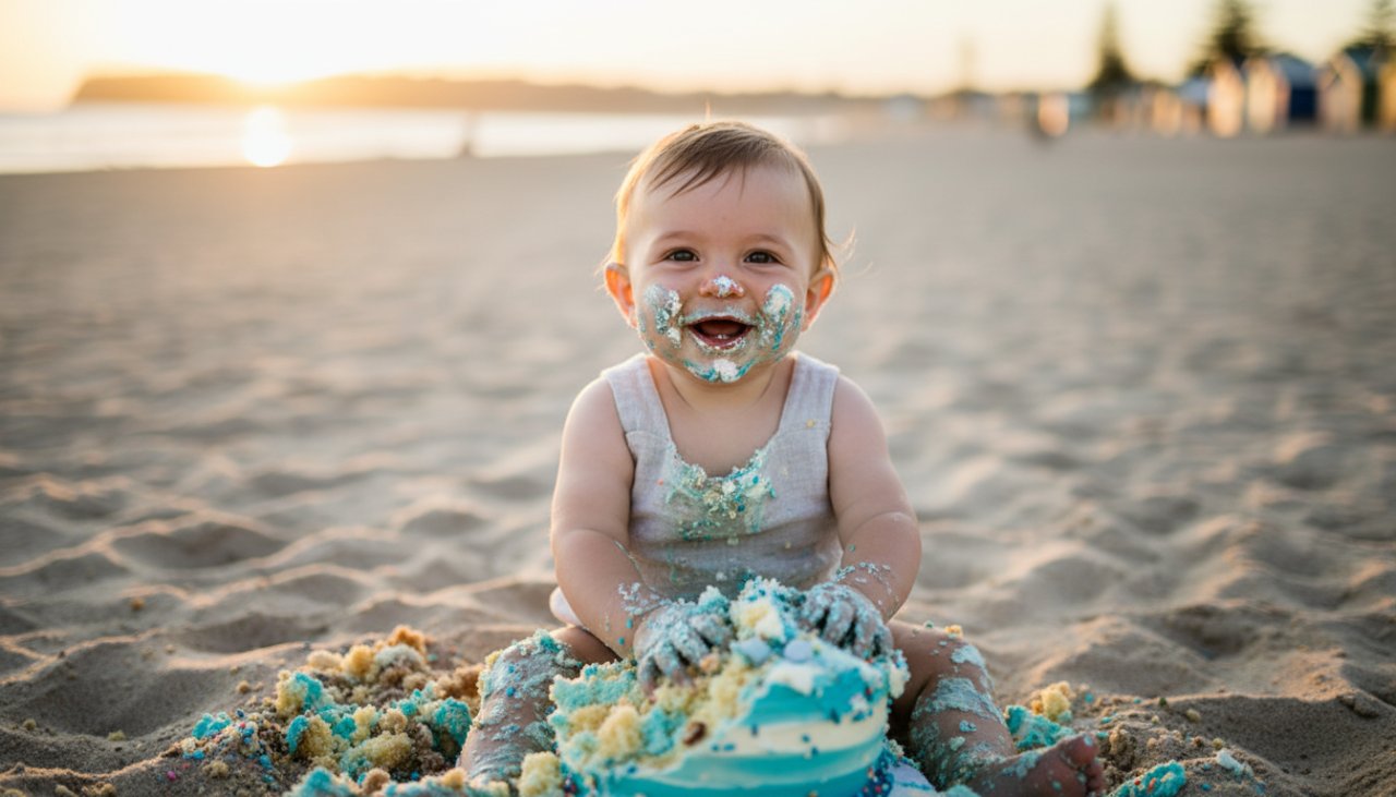 Safety Beach first birthday cake smash photography featuring a joyful baby, covered in frosting, laughing amidst scattered cake on a styled set near the pristine sands and colourful bathing boxes of Safety Beach, bathed in soft golden hour light.