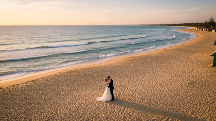 A sweeping aerial shot capturing a newly married couple embracing on the golden sands of Safety Beach Foreshore during sunset, with the tranquil waters of Port Phillip Bay and colourful beach boxes in the background, embodying perfect Safety Beach Foreshore wedding photography moments.