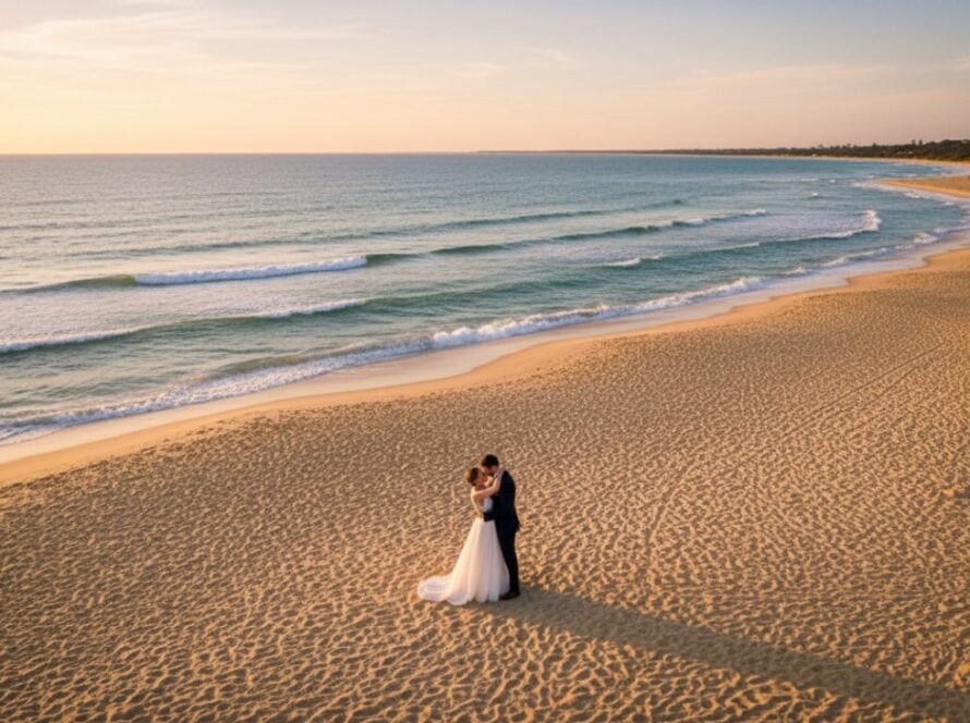 A sweeping aerial shot capturing a newly married couple embracing on the golden sands of Safety Beach Foreshore during sunset, with the tranquil waters of Port Phillip Bay and colourful beach boxes in the background, embodying perfect Safety Beach Foreshore wedding photography moments.