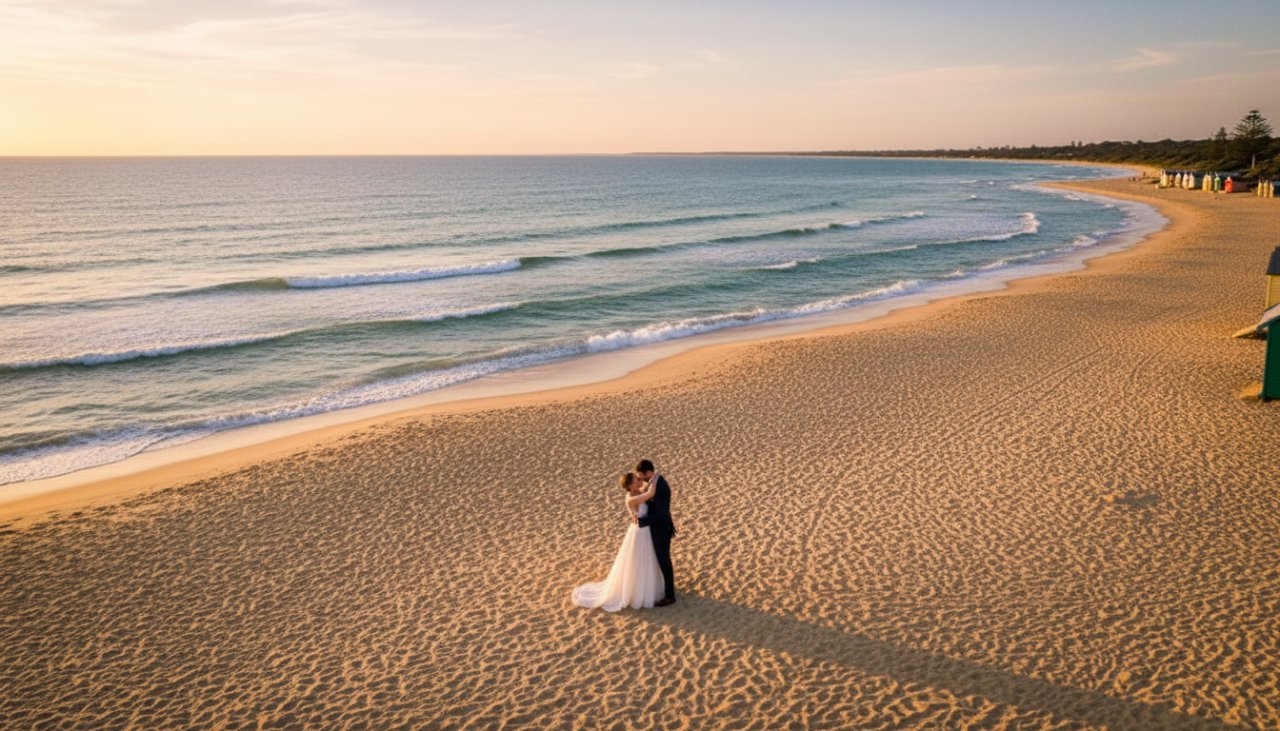 A sweeping aerial shot capturing a newly married couple embracing on the golden sands of Safety Beach Foreshore during sunset, with the tranquil waters of Port Phillip Bay and colourful beach boxes in the background, embodying perfect Safety Beach Foreshore wedding photography moments.