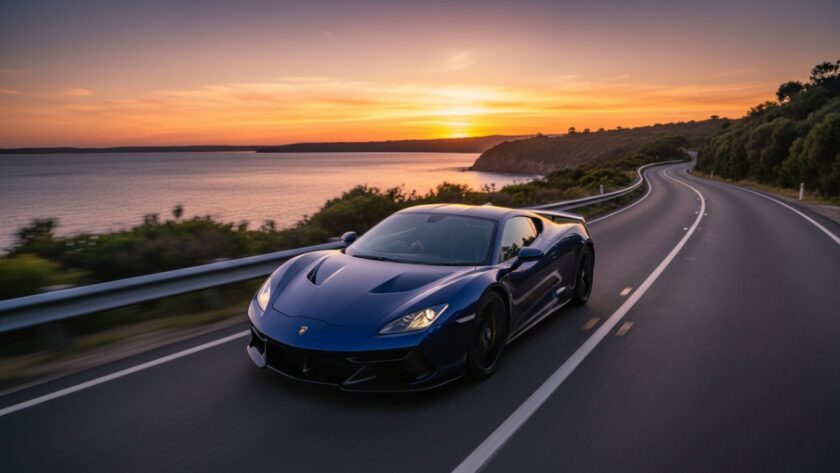 A dynamic, high-angle shot capturing the essence of Safety Beach high-octane car photography, featuring a sleek, powerful sports car speeding along the coastal road at dawn, its lines blurred slightly with motion, with the calm waters of Port Phillip Bay and the vibrant sunrise in the background, conveying speed and elegance.