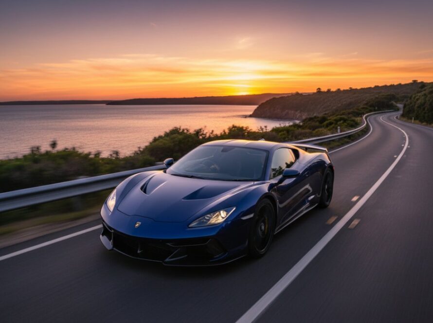 A dynamic, high-angle shot capturing the essence of Safety Beach high-octane car photography, featuring a sleek, powerful sports car speeding along the coastal road at dawn, its lines blurred slightly with motion, with the calm waters of Port Phillip Bay and the vibrant sunrise in the background, conveying speed and elegance.