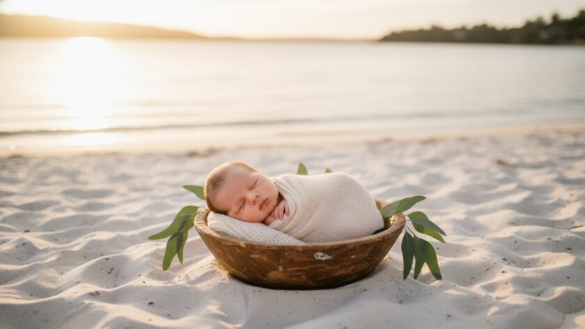 An ethereal, golden hour image capturing a tiny newborn baby peacefully sleeping in a rustic wooden basket on the soft sands of Safety Beach, with the gentle waves in the background, embodying Safety Beach newborn photography artistic outdoor portraits.