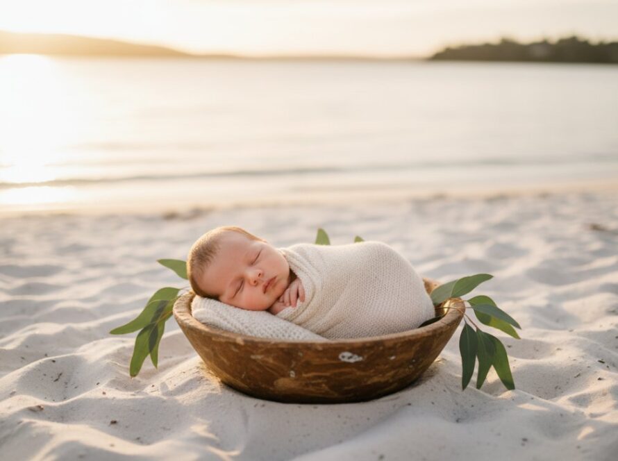 An ethereal, golden hour image capturing a tiny newborn baby peacefully sleeping in a rustic wooden basket on the soft sands of Safety Beach, with the gentle waves in the background, embodying Safety Beach newborn photography artistic outdoor portraits.
