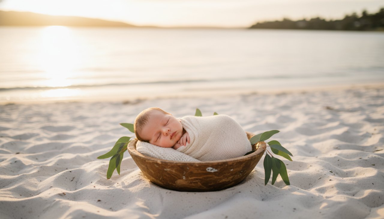 An ethereal, golden hour image capturing a tiny newborn baby peacefully sleeping in a rustic wooden basket on the soft sands of Safety Beach, with the gentle waves in the background, embodying Safety Beach newborn photography artistic outdoor portraits.