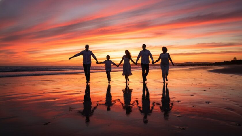 An awe-inspiring 'Safety Beach Victoria family photoshoot sunset magic' captured with a family silhouetted against a vibrant, fiery sunset, laughing and running by the water's edge, embodying joy and connection.