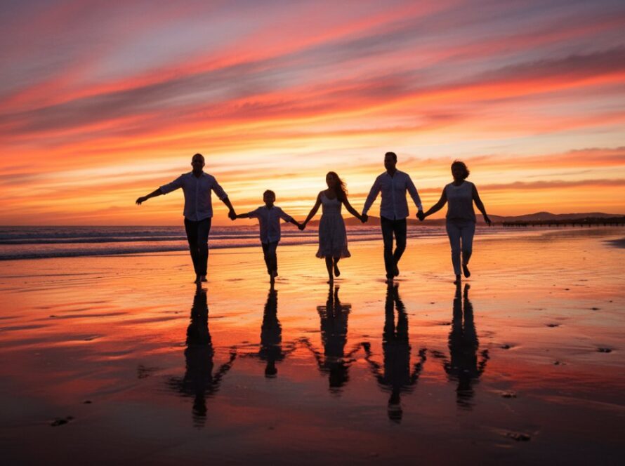An awe-inspiring 'Safety Beach Victoria family photoshoot sunset magic' captured with a family silhouetted against a vibrant, fiery sunset, laughing and running by the water's edge, embodying joy and connection.