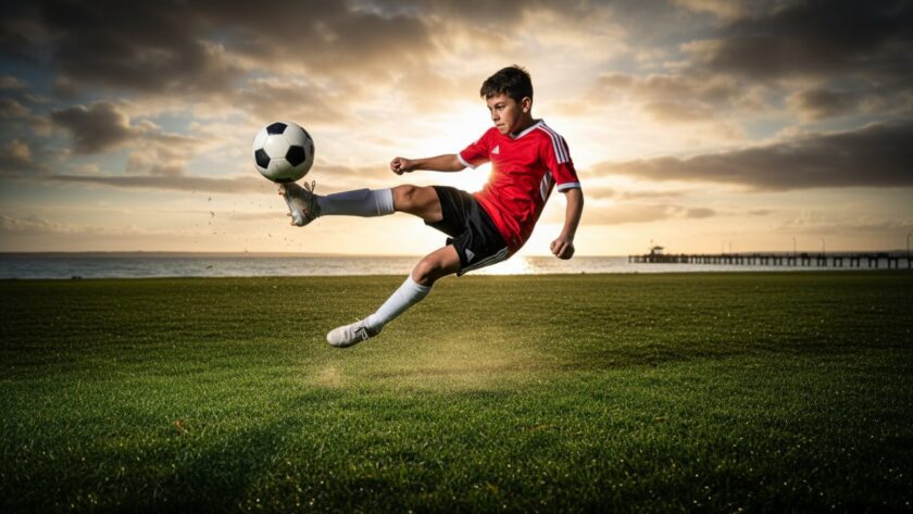 A dynamic, high-energy photograph capturing a pivotal moment in Safety Beach youth sports action photography, featuring a young athlete in mid-air during a soccer game on a sunny oval near the coast, with the distinctive Safety Beach pier in the background under a vibrant sky.