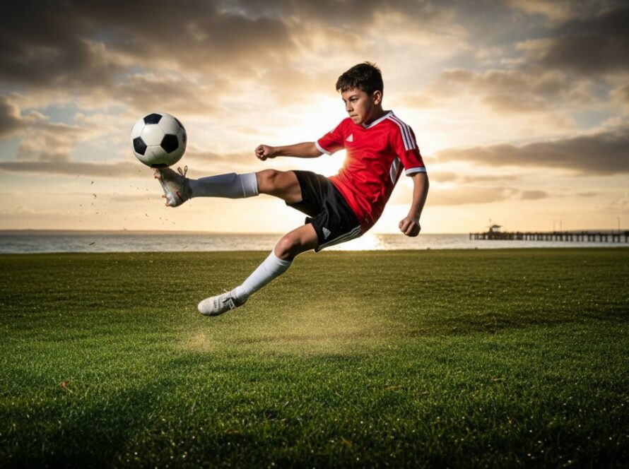 A dynamic, high-energy photograph capturing a pivotal moment in Safety Beach youth sports action photography, featuring a young athlete in mid-air during a soccer game on a sunny oval near the coast, with the distinctive Safety Beach pier in the background under a vibrant sky.