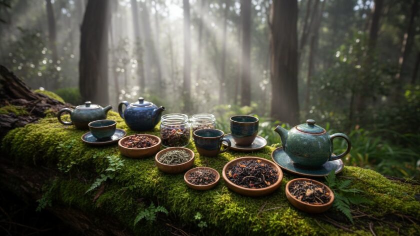 An epic moment captured: a beautifully styled collection of artisanal, handcrafted botanical skincare products from a Sassafras local business, dramatically lit by soft, dappled sunlight filtering through the Dandenong Ranges canopy, artfully arranged on a vintage wooden table with moss and native fern accents, conveying natural elegance and quality for Sassafras artisan product photography.