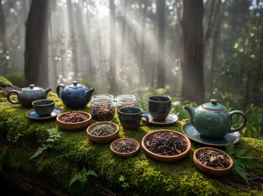 An epic moment captured: a beautifully styled collection of artisanal, handcrafted botanical skincare products from a Sassafras local business, dramatically lit by soft, dappled sunlight filtering through the Dandenong Ranges canopy, artfully arranged on a vintage wooden table with moss and native fern accents, conveying natural elegance and quality for Sassafras artisan product photography.