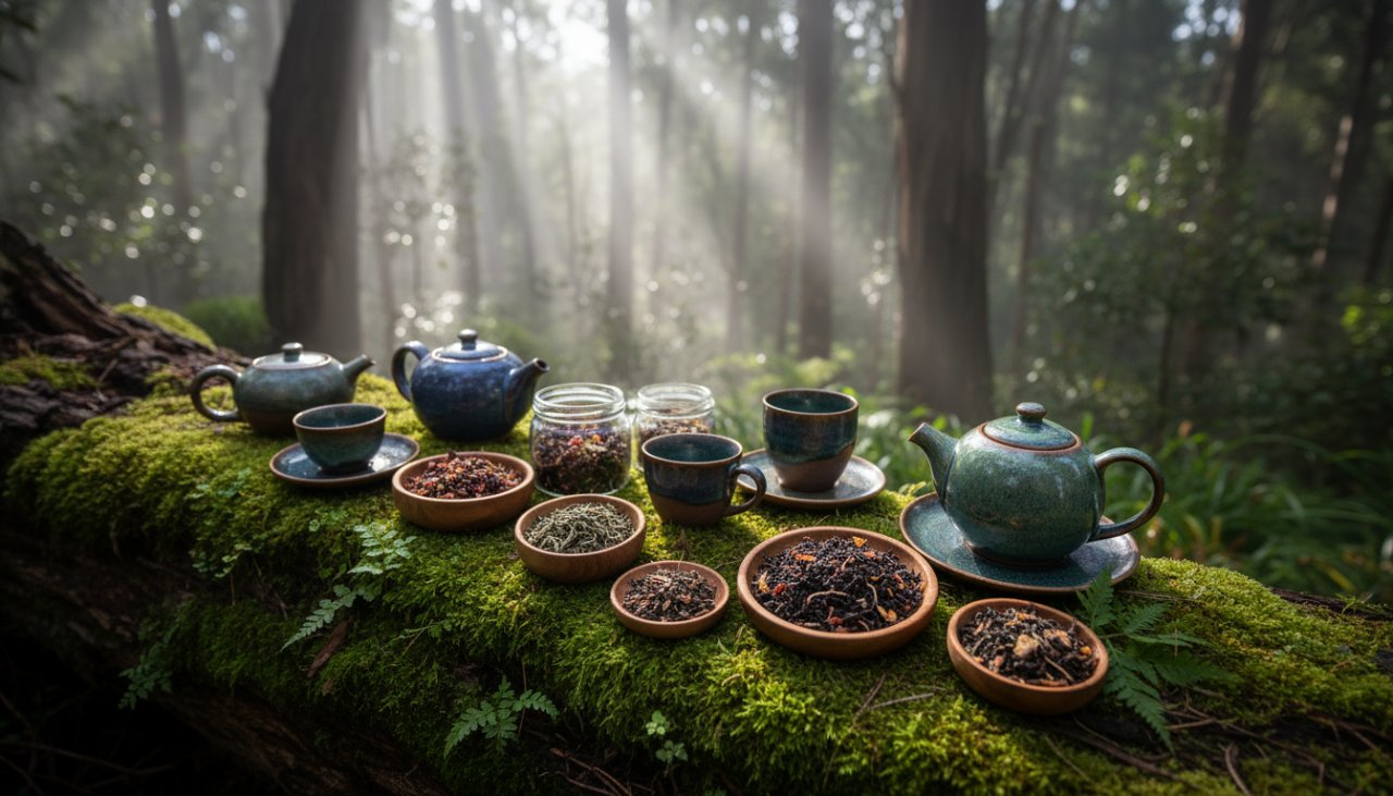 An epic moment captured: a beautifully styled collection of artisanal, handcrafted botanical skincare products from a Sassafras local business, dramatically lit by soft, dappled sunlight filtering through the Dandenong Ranges canopy, artfully arranged on a vintage wooden table with moss and native fern accents, conveying natural elegance and quality for Sassafras artisan product photography.