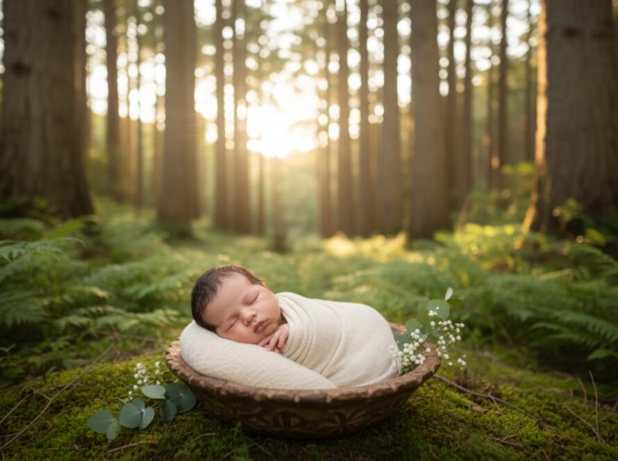 An enchanting Sassafras baby photography precious moments shot of a sleeping newborn swaddled in soft cream fabric, nestled in a rustic wooden basket with delicate eucalyptus leaves, bathed in warm, soft natural light filtering through the canopy of a tall mountain ash forest, capturing a serene and timeless portrait of innocence in the Dandenong Ranges.